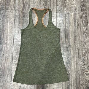 Lululemon cool Racerback Heather army green orange stitching size 6
